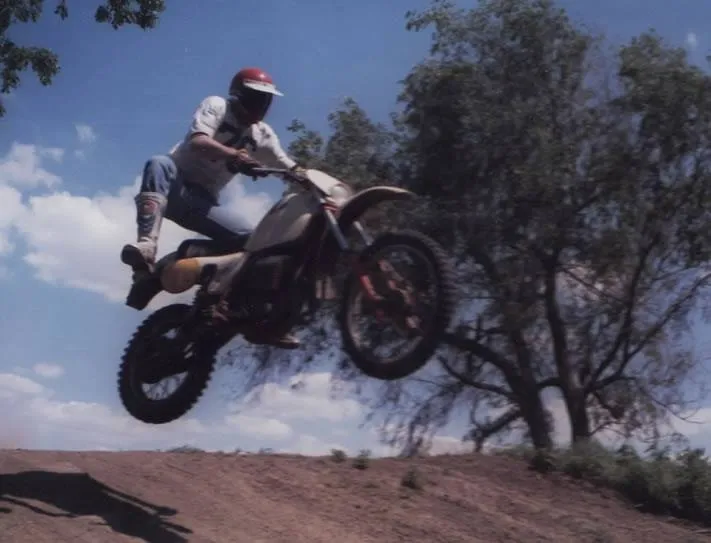 Tim Hetzel airborne on a dirt bike, from a scanned film photo